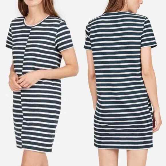 Everlane Medium M Navy Blue White The Beach Tee Dress Staggered Stripe Crew Neck - Picture 10 of 10